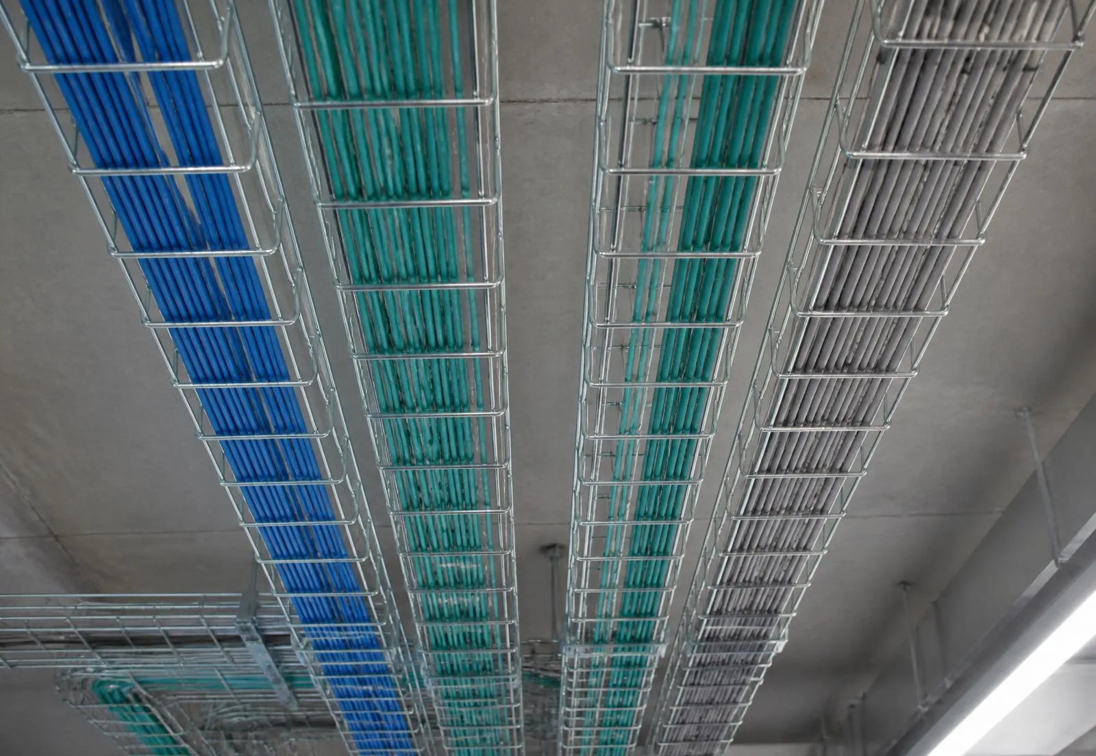 Overhead steel basket trays carrying bundled data cables in a technical facility