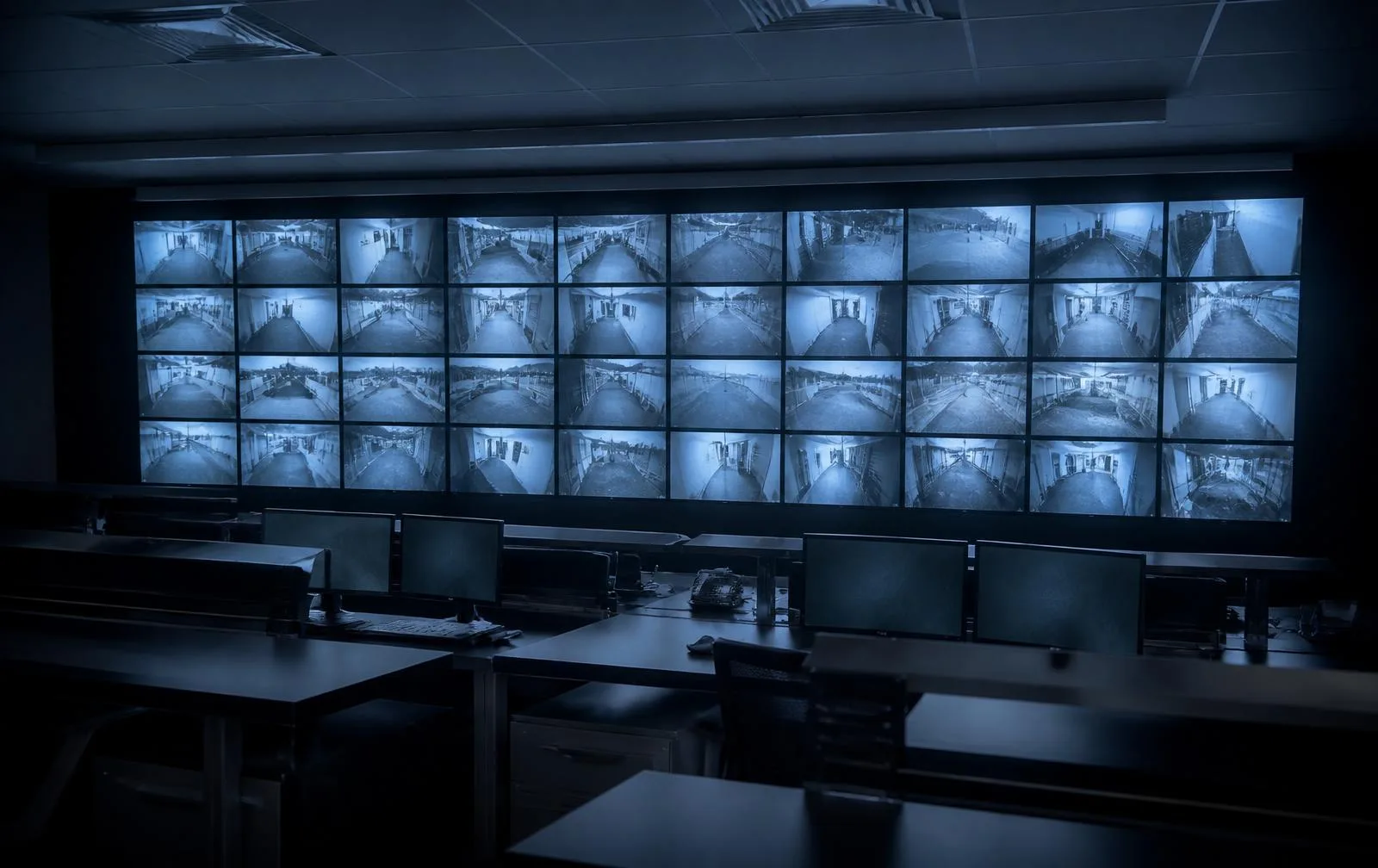 Operators monitoring infrastructure status on a wall of control-room displays