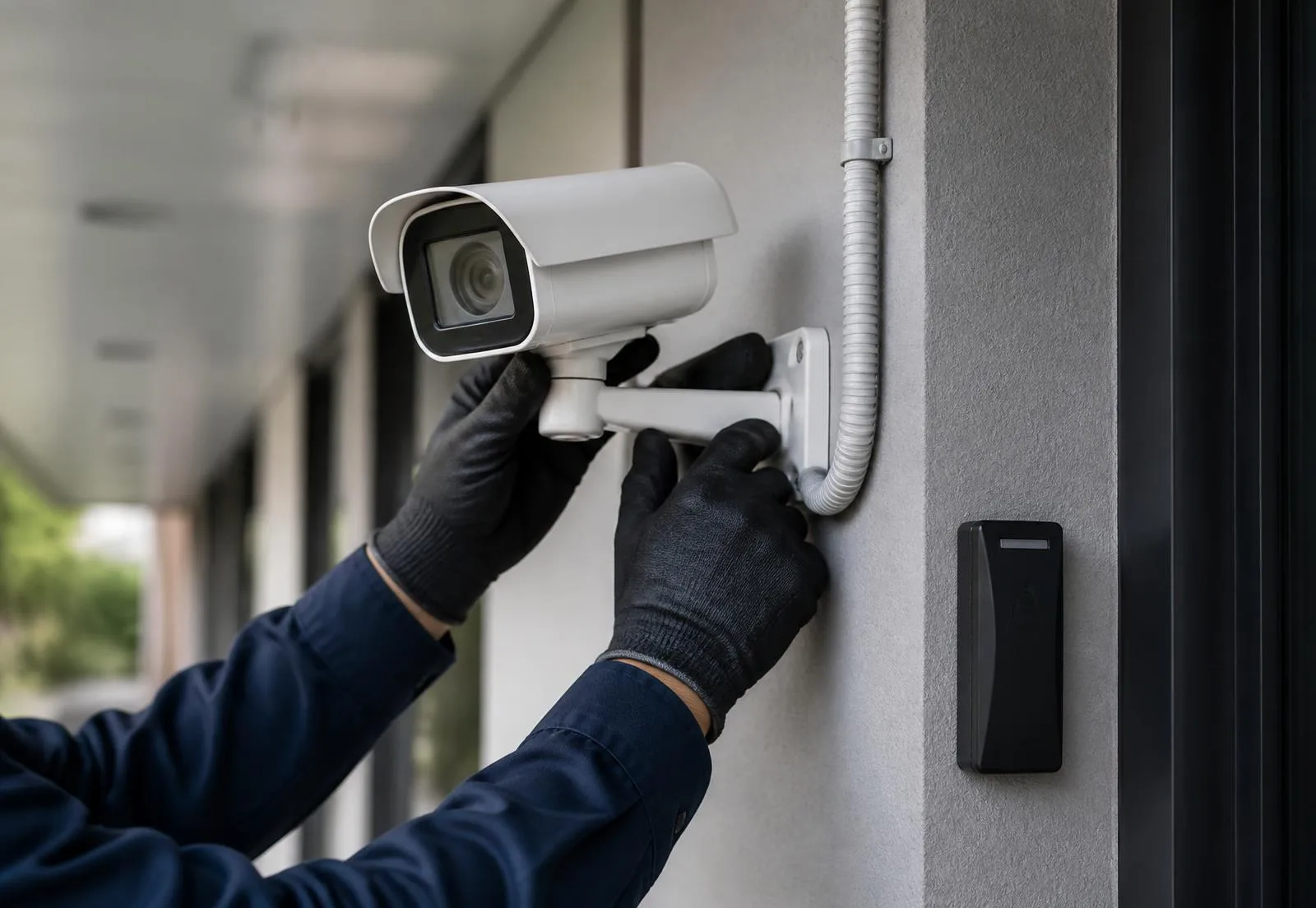Technician mounting an external surveillance camera beside an access control reader