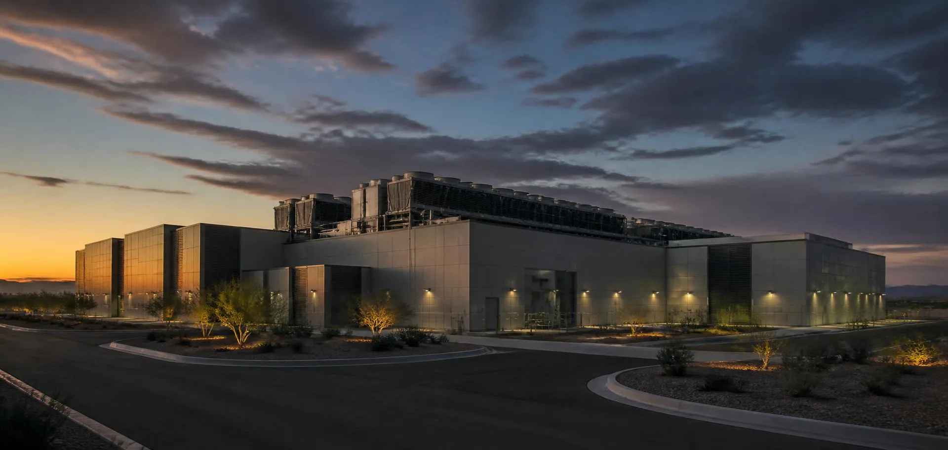 Data center facility exterior at dusk with rooftop cooling plant