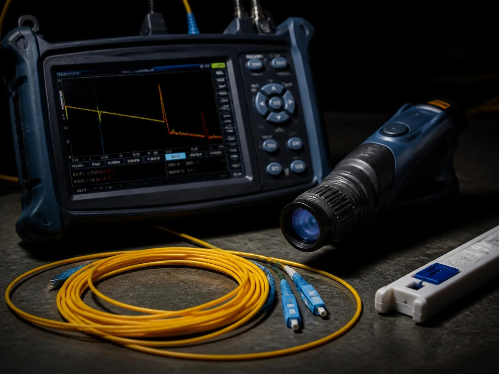 OTDR test instrument and fiber inspection scope beside single-mode patch cords