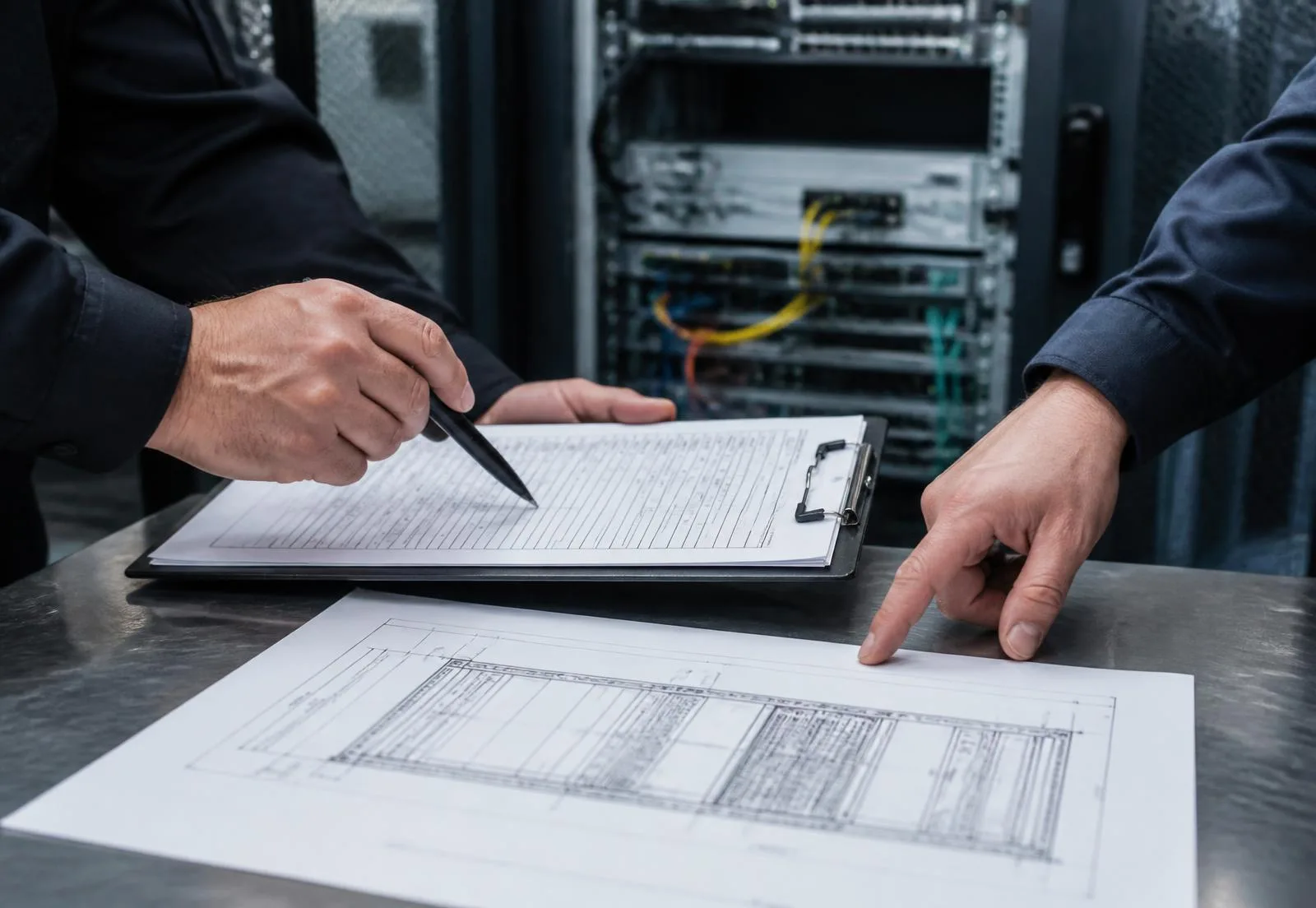 Engineers reviewing test records and a rack elevation drawing during handover