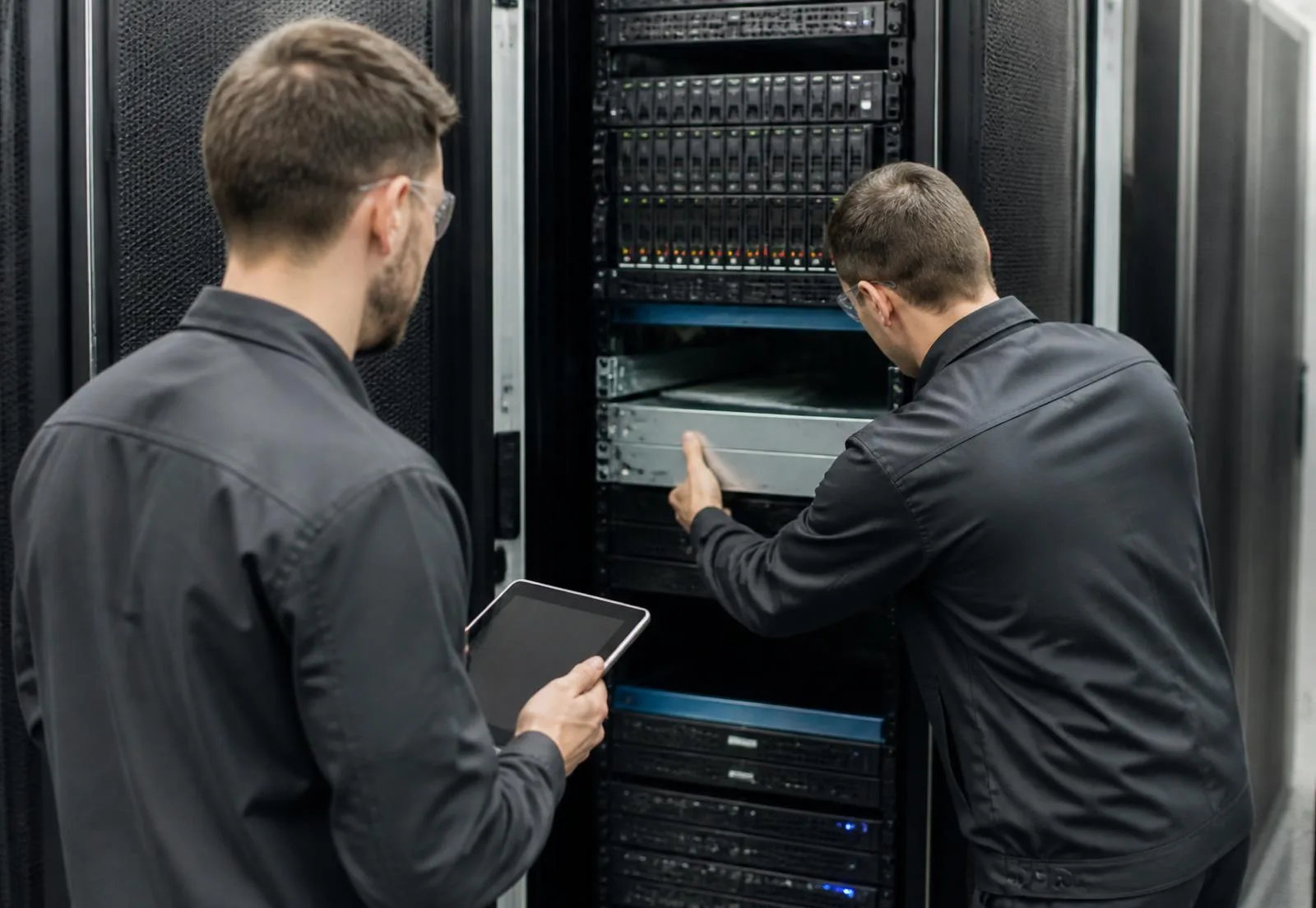 Two field engineers in dark workwear installing equipment in an open server rack