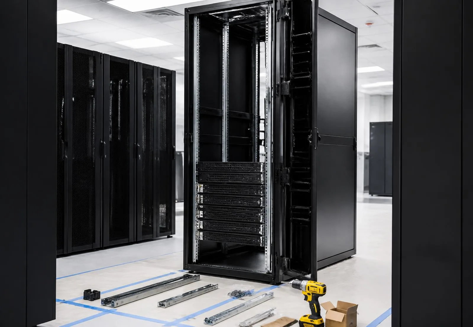 Open server cabinet being populated during a data center rack and stack installation